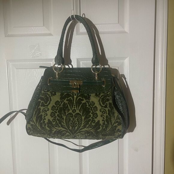 Sharif synthetic croc prints and tapestry olive green satchel/shoulder bag . - Picture 1 of 16